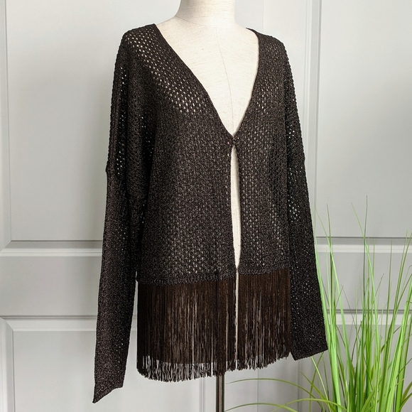 Liu Jo Cardigan Open Metallic Knit Fringe Semi Sheer Lightweight Brown L NWT - Picture 1 of 8